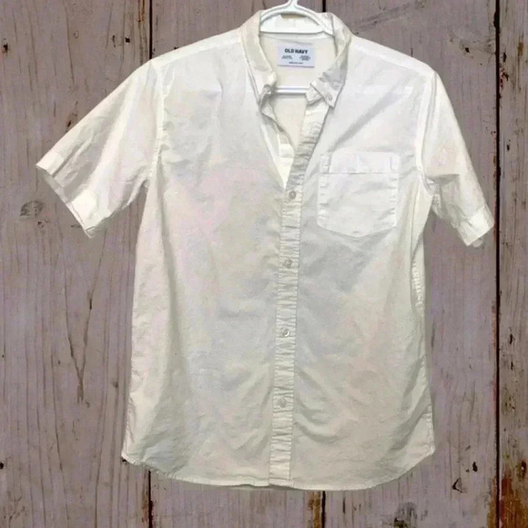 Old Navy Boys Button Up Short Sleeve Shirt Cotton Elastane Bright White - Picture 1 of 6